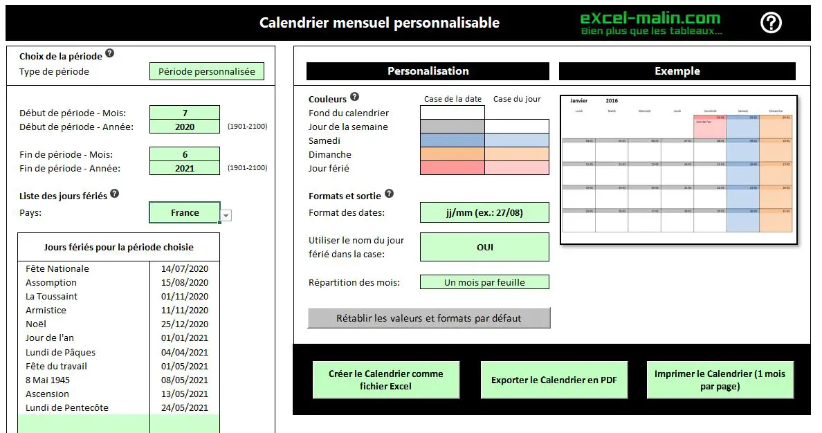 Calendrier Mensuel Excel Gratuit Pratique Personnalisable