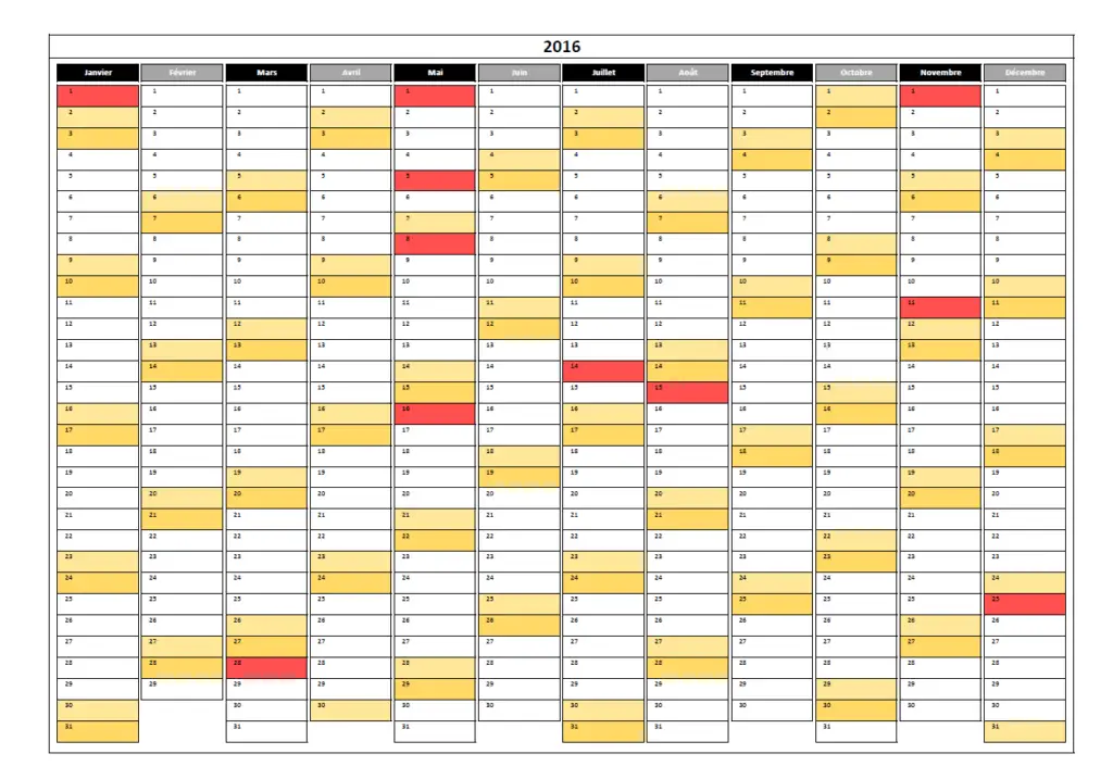 Calendrier annuel Excel 2016 - congés France, horizontal Calendrier annuel Excel 2016 - congés France, horizontal