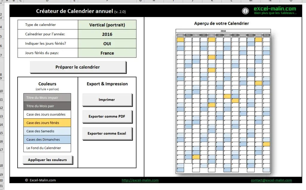 Calendrier annuel 2016 Excel - interface Calendrier annuel 2016 Excel - interface