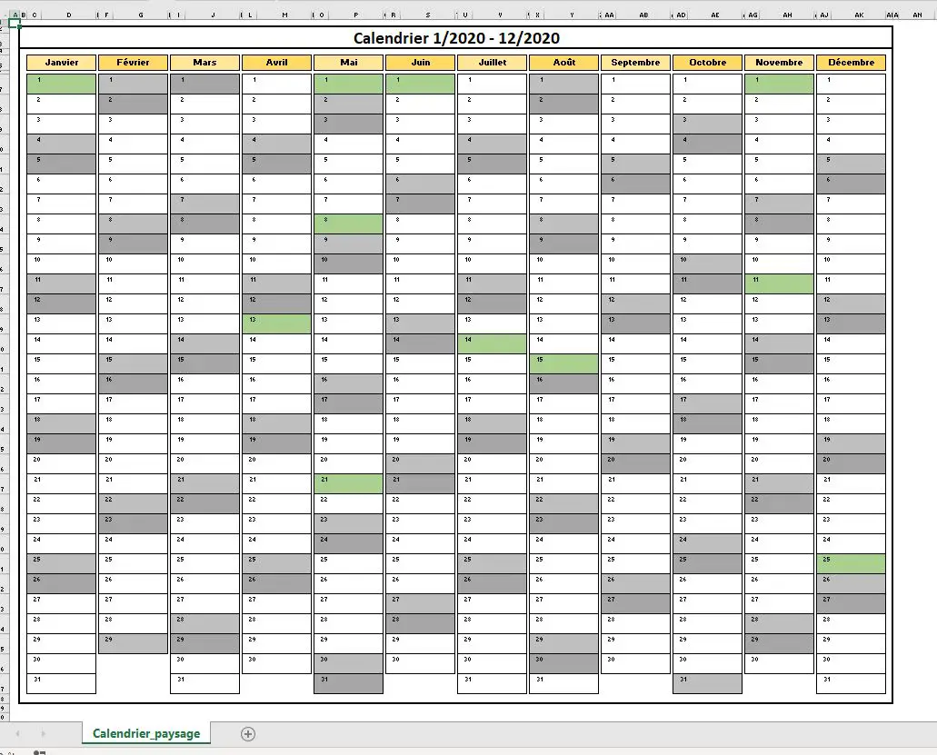 Calendrier Excel 2021 Modifiable Calendrier 2020 Excel modifiable et gratuit | Excel Malin.com
