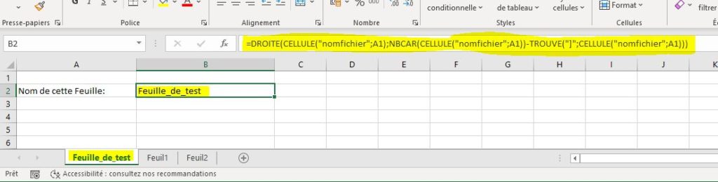 Formule Excel: trouver le nom de la Feuille active