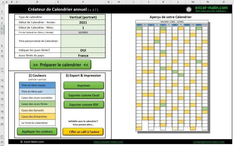 Calendrier 2021 Excel Et Pdf Pratique Modifiable Et Gratuit