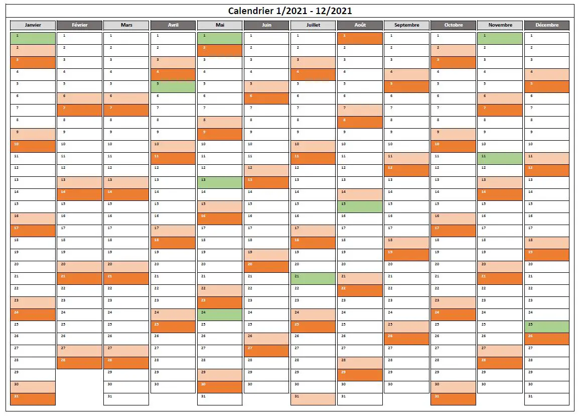Tableau Excel Calendrier 2021 Calendrier 2021 Excel et PDF modifiable et gratuit | Excel Malin.com