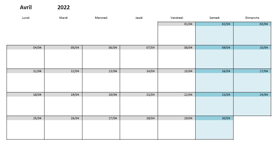 Zone A Calendrier mensuel 2021-2022