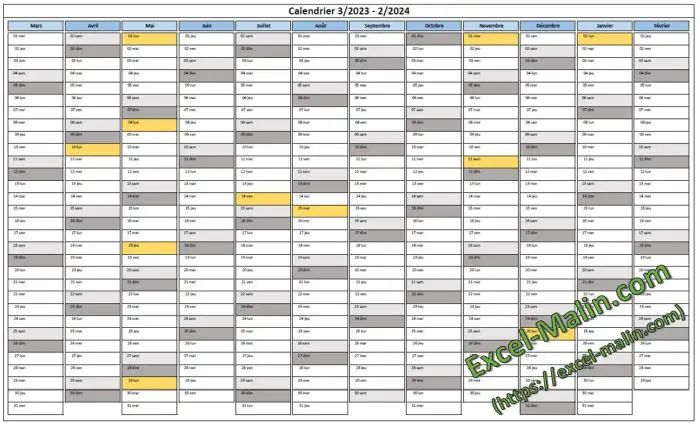 Calendrier annuel Excel 2023 (format paysage) - exemple: 03/2023 à 02/2024 Calendrier 2022 (portrait): Exemple
