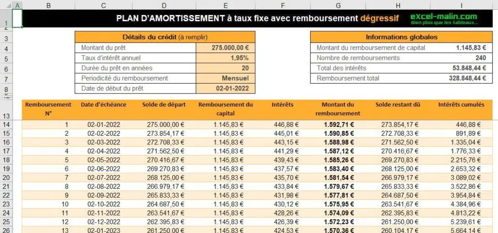Excel: Tableau d'amortissement dégressif avec taux fixe Tableau d'amortissement dégressif Excel avec taux fixe