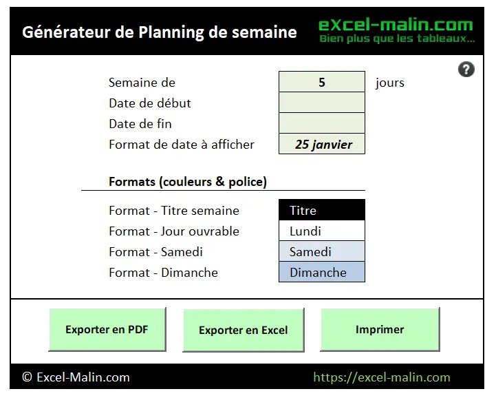 Menus hebdomadaires à imprimer - Planning vierge PDF & Excel