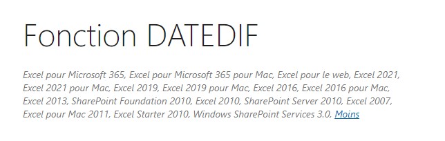 Microsoft Excel DATEDIF - disponibilité de la fonction