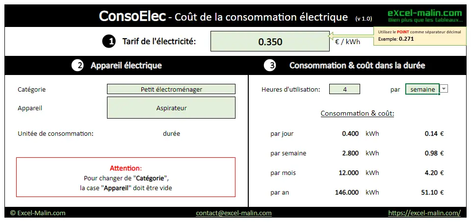 Exemple du calcul de consommation éléctrique